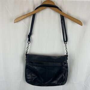 Margot Double Zip Top Fold Over Black Leather Crossbody Shoulder Tote Purse Bag